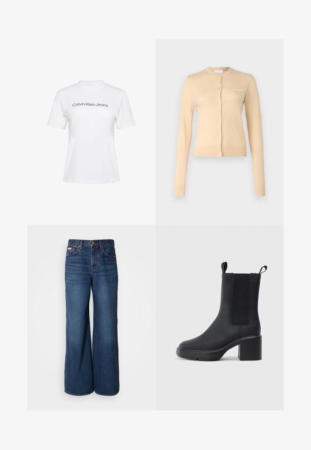 Beige cardigan lavet af blødt materiale, med rund halsudskæring, knaplukning foran og ribbede manchetter og kant. Lille logo på brystet.; Hvid bomulds-T-shirt med rund hals og korte ærmer, med teksten "Calvin Klein Jeans" i sort tryk på tværs af brystet.; Bredde jeans lavet af mørkeblåt denim. Funktioner inkluderer en høj talje, fem lommer og kontrasterende orange syninger langs sømmene.; Sorte ankelstøvler i glat gummimateriale, med elastiske sidepaneler, blokhæle og trækskilt øverst for nem påtagning.