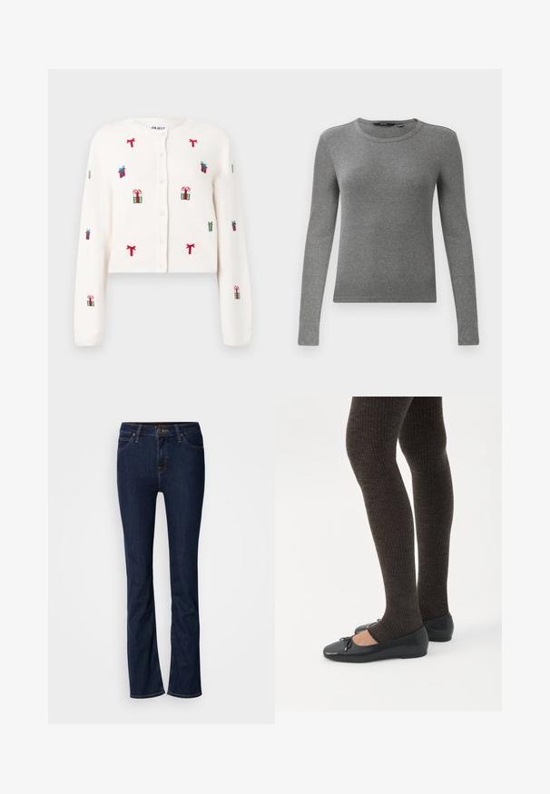 Creme cardigan med broderede gaver og sløjfer i rød, grøn og blå, med en rund halsudskæring og knaplukninger foran.; Grå langærmet ribbet sweater med rund halsudskæring og tætsiddende pasform. Teksturen ser glat og elastisk ud, hvilket gør den velegnet til lag-på-lag.; Mørkeblå denim jeans med lige ben-design, fem-lomme stil og lys syning. Linningen har en metal-knap lukning.; Ben iført mørke ribbede leggings kombineret med sorte balletsko med små sløjfedetaljer på hvid baggrund.