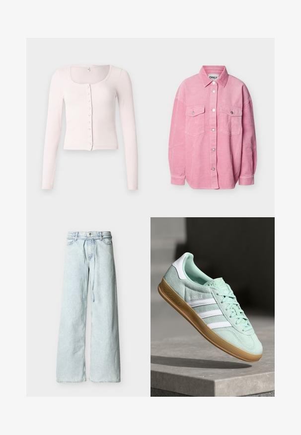 Top rosa claro de manga larga ajustada con escote cuadrado, textura acanalada y cierre delantero con botones pequeños y redondos.; Camisa de pana rosa con botones, corte oversize, mangas largas, dos bolsillos con solapa en el pecho y cuello puntiagudo.; Jeans de pierna ancha en azul claro con cintura alta, botón frontal, presillas para cinturón y un cinturón largo a juego hecho de la misma tela.; Zapatilla Adidas Gazelle en ante verde menta con acentos blancos, cierre con cordones y suela de goma. Presenta tres franjas blancas.