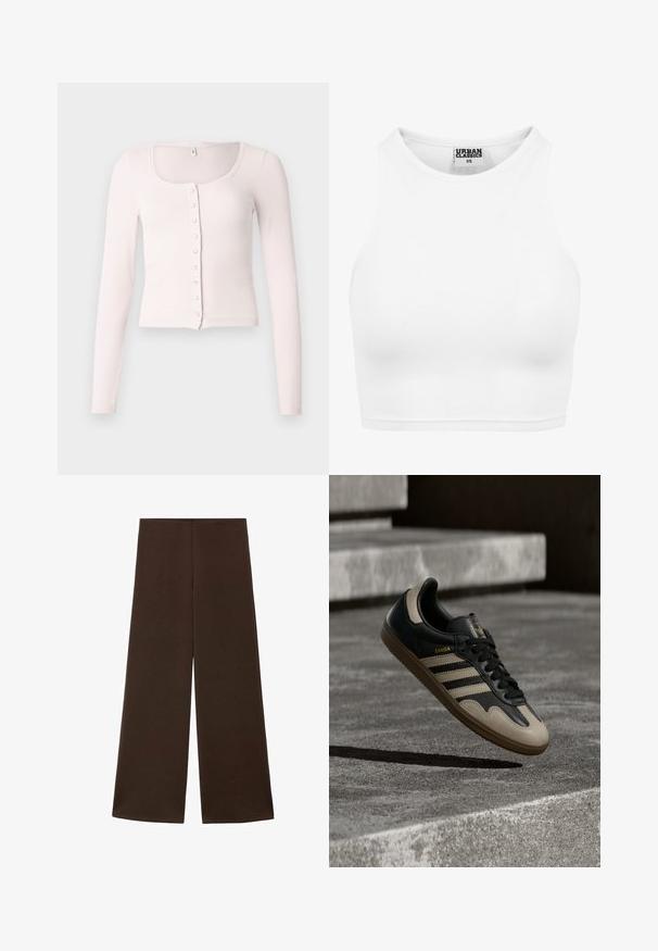 Top rosa claro de manga larga ajustada con escote cuadrado, textura acanalada y cierre delantero con botones pequeños y redondos.; Top corto de tirantes blanco acanalado con cuello alto y etiqueta "Urban Classics XS" en el interior del cuello.; Pantalones de pierna ancha hechos de una tela suave de color marrón oscuro. Presenta una cintura alta y un diseño minimalista sin adornos.; Zapatilla de cuero negra y beige con tres rayas blancas, suela de goma beige y detalles dorados "Samba" en el lateral.