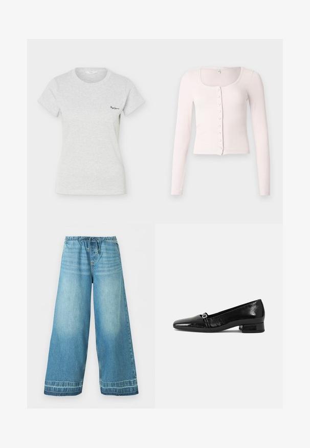 Lichtroze, nauwsluitend top met lange mouwen, een vierkante halslijn, geribbelde textuur en een knoopsluiting aan de voorkant met kleine, ronde knopen.; Lichtgrijs geribd T-shirt met korte mouwen, ronde hals en klein zwart "Pepe Jeans" logo op de linkerborst.; Lichtblauwe wijde denimbroek met elastische tailleband en trekkoord, voorzakken en subtiele vervaagde details.; Zwarte laarzen van gepatenteerd leer met een puntige neus, een lage vierkante hak en een kleine metalen gespdetail op de band. Gladde textuur.