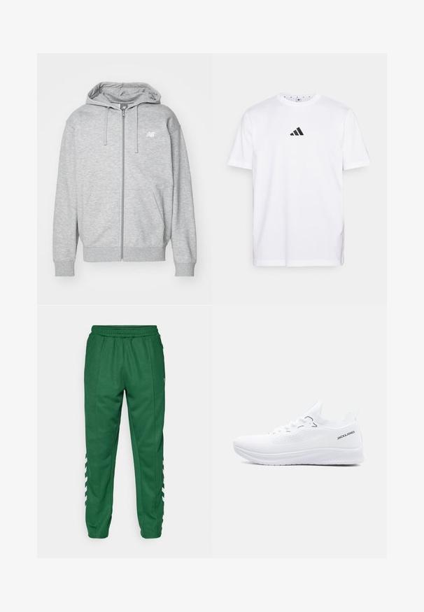 Heledane hallhõlmik heledas hallis, paeltega, kahe esipocketiga, soonikkoes varrukate ja äärega, ning väikese valge New Balance'i logoga rinnale.; Valge puuvillane T-särk, millel on rindkeres väike must kolmnurga logo, lühikesed varrukad ja ümar kaelus. Lihtne ja klassikaline disain.; Rohelised spordipüksid elastse vöökoha, tõmblukuga taskute ja valgete chevrons triipudega pükste väliskülgedel.; Valge madala lõikega kudumjalats tekstuurse tallaga, ees paelu ja "JACK & JONES" logo kanna korraribal.