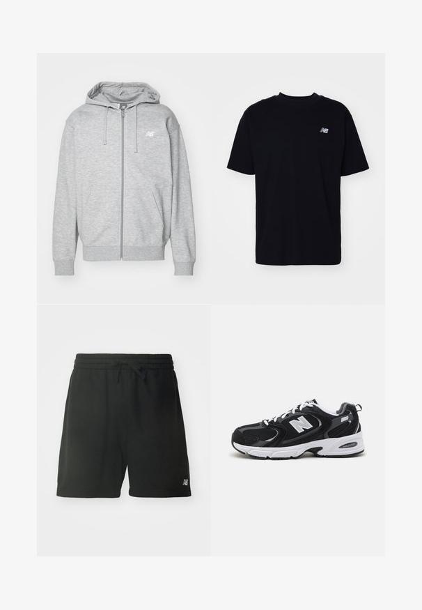 Svetlo šedá mikina na zips s kapucňou, so sťahovacími šnúrkami, dvoma prednými vreckami, rebrovanými manžetami a lemom, a malým bielym logom New Balance na hrudi.; Čierne bavlnené tričko s okrúhlym výstrihom, krátkymi rukávmi a malým embosovaným logom na ľavej hrudi. Klasický strih a hladká textúra.; Čierne bavlnené atletické šortky s elastickým pásom, nastaviteľnou šnúrkou a logom na dolnej ľavej nohe. Hladká textúra.; Čierne a šedé športové topánky s hornou časťou z mikrovlákna a zamatu, s bielou medzipodrážkou, šnúrkami a výrazným logom "N" na boku.