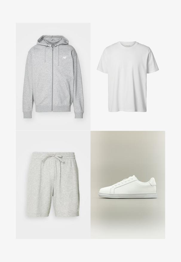 Haut de survêtement zippé intégral gris clair avec cordons de serrage, deux poches avant, poignets et ourlet côtelés, et petit logo New Balance blanc sur la poitrine.; T-shirt blanc uni à manches courtes, col rond, coupe décontractée, sans logos ni motifs visibles à l'avant.; Shorts de sport gris clair en tissu doux, dotés d'une taille élastique avec un cordon de serrage pour un ajustement réglable et de deux poches latérales.; Baskets blanches basses à lacets sur l'avant avec semelle en caoutchouc texturée, sur fond neutre uni.