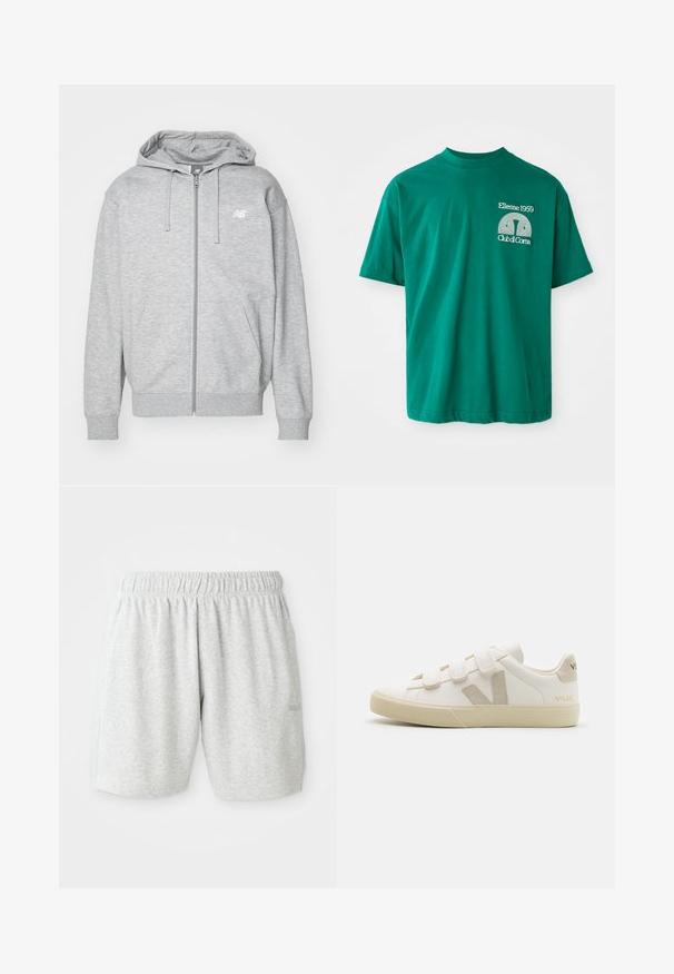 Lys grå fuld-zip hættetrøje med snore, to forlommer, ribstrikkede manchetter og kant, samt lille hvidt New Balance-logo på brystet.; Grøn bomulds T-shirt med rund halsudskæring. Har et grafisk print i hvid, der læser "Ellesse 1959 Club di Corsa" på venstre bryst.; Grå bomuldsbukser med elastisk talje, der har en glat tekstur og sidelommer. Diskret logodetalje ved kanten.; Hvide lædersneakers med Velcro-remme, beige accenter, rund tå, tekstureret gummisål og prægede logo. Minimalistisk design.