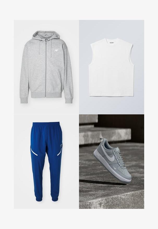Lys grå fuld-zip hættetrøje med snore, to forlommer, ribstrikkede manchetter og kant, samt lille hvidt New Balance-logo på brystet.; Hvid ærmeløs bomulds top med rund hals og markerede skulderpartier, mærket "WEEKDAY" på halsmærket, vist på lys grå baggrund.; Royal blue træningsbukser med elastisk talje og manchetter, hvide buede reflekterende striber på lårene og lille hvidt logo på højre side.; Grå Nike Air Force 1 sneaker med hvid Swoosh-logo, svævende over en tekstureret betonoverflade med trapper i baggrunden.