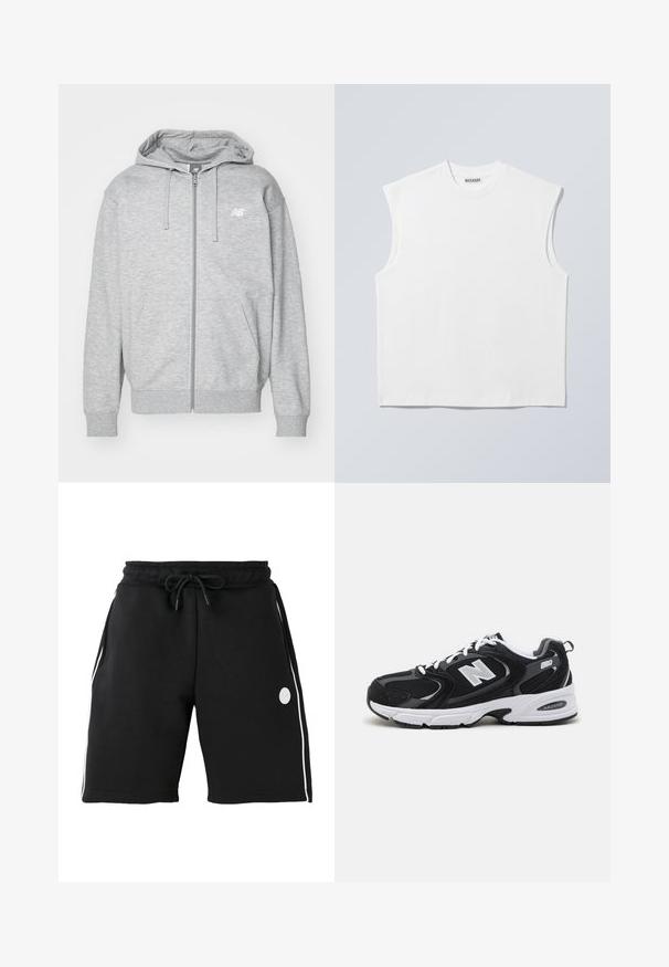 Lys grå fuld-zip hættetrøje med snore, to forlommer, ribstrikkede manchetter og kant, samt lille hvidt New Balance-logo på brystet.; Hvid ærmeløs bomulds top med rund hals og markerede skulderpartier, mærket "WEEKDAY" på halsmærket, vist på lys grå baggrund.; Sorte knælange shorts med elastisk linning og snøre, hvide verticale sidestriber og lille rundt logo på venstre lår.; Sorte og grå sportssko med mesh og ruskind på overdelen, der har en hvid mellemsål, snørebånd og et iøjnefaldende "N" logo på siden.