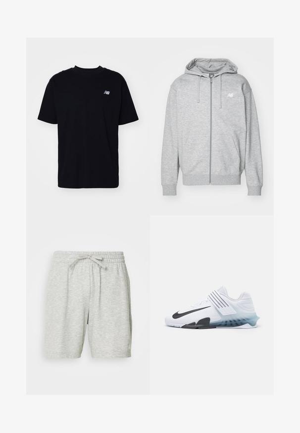 Šviesiai pilkas megztinis su užtrauktuku, su raišteliais, dviem priekinėmis kišenėmis, garsu ribuotais rankogaliais ir apačia, bei mažu baltu New Balance logotipu ant krūtinės.; Juodas medvilnės marškinėliai su apvaliu kaklu, trumpomis rankovėmis ir mažuoju iškilniu logotipu kairiajame krūtinės šone. Klasikinis siluetas ir glotni tekstūra.; Šviesiai pilkos sportinės šortai, pagaminti iš minkštos medžiagos, turi elastingą juosmenį su raišteliu, leidžiančiu reguliuoti dydį, ir dvi šonines kišenes.; Balti sportiniai bateliai su juodu Nike ženkleliu, tinklo viršumi, trimis juodomis juostomis ir gradientine mėlyna iki skaidriomu padu. Savybė yra sustiprinti akcentai.