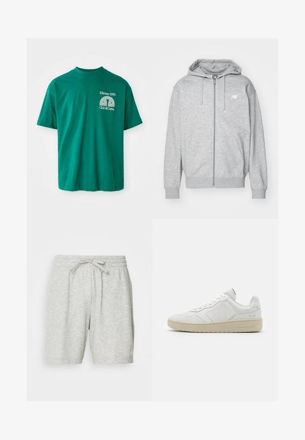 Lys grå fuld-zip hættetrøje med snore, to forlommer, ribstrikkede manchetter og kant, samt lille hvidt New Balance-logo på brystet.; Grøn bomulds T-shirt med rund halsudskæring. Har et grafisk print i hvid, der læser "Ellesse 1959 Club di Corsa" på venstre bryst.; Lysegrå atletiske shorts lavet af blødt stof, med en elastisk talje og snoretræk til justerbar pasform samt to sidelommer.; Hvide lædersneakers med struktureret overflade og polstret krave. Har en beige gummisål og diskret branding på hælen og siden.