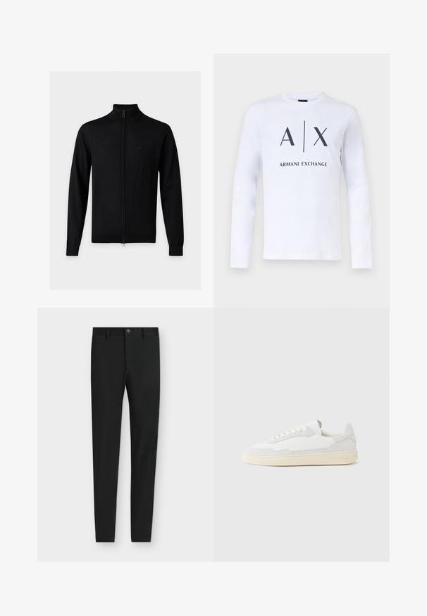 Sort langærmet lynlåstrøje med høj krave og subtilt logo på venstre bryst mod en ensartet lys baggrund.; Hvid langærmet t-shirt med sort "A|X Armani Exchange" logo trykt på fronten, vist mod en ensartet lys baggrund.; Sorte slimfit bukser med bæltestropper, knaplukning og forlommer, vist fladt på en lysegrå baggrund.; Hvid sneakers med en øvre del i tekstureret ruskind og læder. Har rundet tå, snørelukning og kontrasterende beige gummisål.