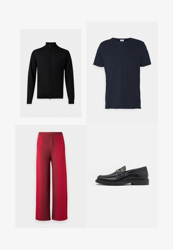 Pull noir à manches longues zippé avec col montant et logo discret sur le côté gauche de la poitrine, sur un fond clair uni.; T-shirt en coton bleu marine avec un col rond et des manches courtes, présentant une texture lisse et un design simple, sans motifs ni accents visibles.; Pantalons larges rouges en tissu texturé avec une taille haute. Comprend des poches latérales et une finition lisse, mettant en valeur un effet dégradé.; Mocassins en cuir noir avec un embout rond, présentant des accents en métal doré et des détails de couture, montés sur une semelle en caoutchouc texturé et basse.
