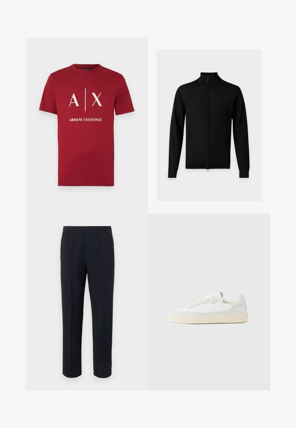 Pull noir à manches longues zippé avec col montant et logo discret sur le côté gauche de la poitrine, sur un fond clair uni.; T-shirt rouge à manches courtes avec col rond, logo blanc "A | X" et texte "ARMANI EXCHANGE" centrés sur le devant.; Pantalon noir à jambe droite avec détail de couture avant, taille élastique et poches latérales sur un fond clair uni.; Baskets blanches avec dessus en daim et cuir texturé. Caractérisées par un bout arrondi, une fermeture à lacets et une semelle en caoutchouc beige contrastante.