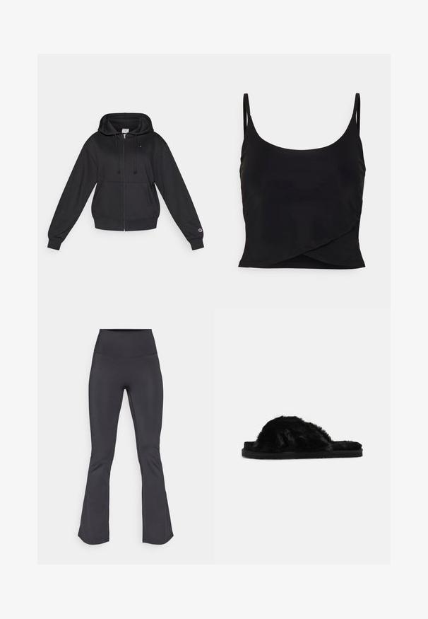 Schwarzer Zip-Up-Hoodie mit Kapuze und Kordelzug, Fronttaschen, gerippten Bündchen und kleinem Logo auf der Brust und am Ärmel. Weiche Stoffstruktur.; Even&Odd active Top - black; ONLY Play ONPJAM-3-SANA JAZZ - Leggings - black; Schwarze, pelzige Slipper-Sandalen mit einer weichen Textur, offener Zehenpartie und flacher schwarzer Sohle. Keine sichtbaren Beschläge oder Muster.