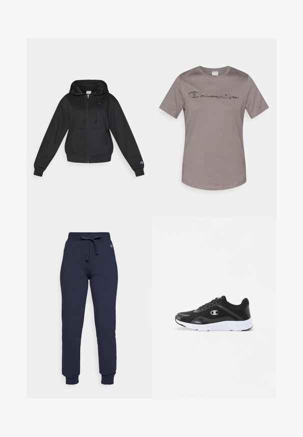 Sudadera con capucha negra con cremallera, capucha con cordón, bolsillos delanteros, puños acanalados y un pequeño logo en el pecho y la manga. Textura de tela suave.; Camiseta gris de algodón con mangas cortas que presenta la palabra "Champion" bordada de forma estilizada en el pecho. Cuello redondo, ajuste regular.; Pantalones de chándal azul marino hechos de una mezcla de algodón, con una cintura ajustable con cordón, puños acanalados y un pequeño logo en la cadera.; Zapatillas deportivas negras con parte superior de malla, suela de goma blanca y logo en tono en el lado. Con cordones y un collar acolchado para mayor soporte.