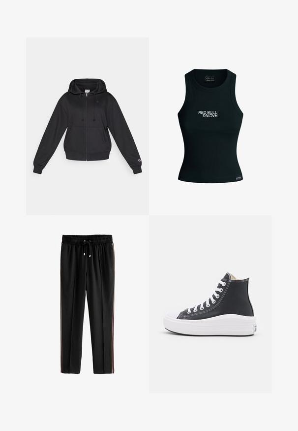 Schwarzer Zip-Up-Hoodie mit Kapuze und Kordelzug, Fronttaschen, gerippten Bündchen und kleinem Logo auf der Brust und am Ärmel. Weiche Stoffstruktur.; Schwarzes ärmelloses Crop-Top aus geripptem Stoff mit dem weißen "RED BULL RACING"-Logo. Runder Halsausschnitt und figurbetonte Passform.; Schwarze Sporthosen mit einem elastischen Bund und Kordelzug, die an den Seiten kontrastierende Streifen in Beige und Bordeauxrot aufweisen.; Schwarzer High-Top Sneaker mit weißen Schnürsenkeln und Gummisohle. Verfügt über eine glatte Ledertextur und weiße Nähte als Akzente.