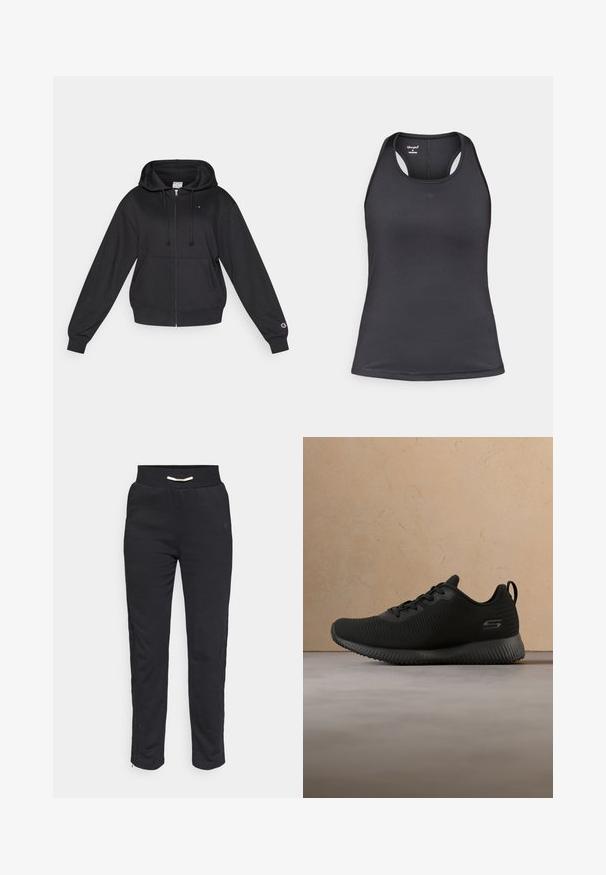 Sudadera con capucha negra con cremallera, capucha con cordón, bolsillos delanteros, puños acanalados y un pequeño logo en el pecho y la manga. Textura de tela suave.; Camiseta deportiva negra con diseño de tirantes cruzados en la espalda, hecha de tela suave y elástica con costuras mínimas y detalle de logo en la parte frontal.; Pantalones deportivos negros de tejido suave, con una cinturilla acanalada y franjas laterales, y un zipper en el dobladillo para un ajuste ajustable.; Zapatillas deportivas negras con parte superior texturizada, punta redonda y cordones. Cuenta con una suela acolchada y una pestaña en el talón para facilitar su uso.