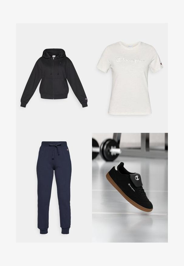 Sudadera con capucha negra con cremallera, capucha con cordón, bolsillos delanteros, puños acanalados y un pequeño logo en el pecho y la manga. Textura de tela suave.; Camiseta blanca de algodón con mangas cortas, cuello redondo y logotipo "Champion" bordado en una textura contrastante en la parte delantera.; Pantalones de chándal azul marino hechos de una mezcla de algodón, con una cintura ajustable con cordón, puños acanalados y un pequeño logo en la cadera.; Zapatilla Champion negra y marrón suspendida en el aire en un gimnasio, con una barra de pesas desenfocada en el fondo.