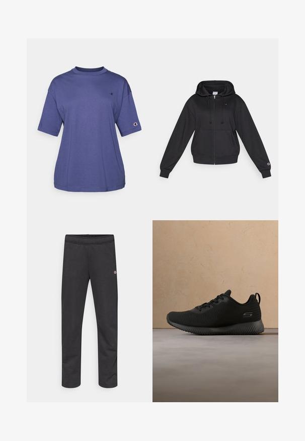 Sort lynlåstrøje med hætte og snørre, forlommer, ribstrikkede manchetter samt et lille logo på bryst og ærme. Blød stoftekstur.; Lilla bomulds T-shirt med rund hals og korte ærmer, med et lille logo på brystet og et logo patch på ærmet.; Sorte bomuldsjoggingbukser med elastisk talje og et lille logo på siden. Glat tekstur, tilspidset design, ingen ekstra mønstre.; Sorte sportsko med tekstureret overdel, rund tå og snørebånd. Har en polstret sål og en løkke i hælen for nem påtagning.