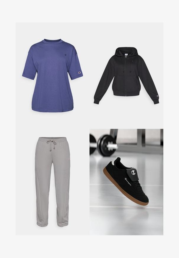 Sudadera con capucha negra con cremallera, capucha con cordón, bolsillos delanteros, puños acanalados y un pequeño logo en el pecho y la manga. Textura de tela suave.; Camiseta de algodón morada de cuello redondo y manga corta, que presenta un pequeño logo en el pecho y un parche del logo en la manga.; Pantalones deportivos grises con cintura ajustable con cordón, corte recto, bolsillos laterales y un pequeño logo en el muslo izquierdo. Tela suave y texturizada.; Zapatilla Champion negra y marrón suspendida en el aire en un gimnasio, con una barra de pesas desenfocada en el fondo.