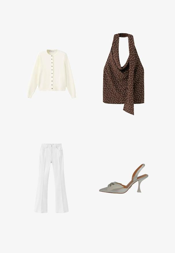 Cardigan blanc à manches longues avec encolure ronde et boutons noirs alignés au centre devant.; Haut marron à col halter avec des pois blancs et un long détail d'écharpe drapé sur le devant, sans manches.; Jean blanc évasé à taille haute avec bouton frontal, passants pour ceinture et design à cinq poches sur fond uni.; Chaussure slingback en satin blanc, à bout pointu, ornée de perles argentées. Présente un talon fin et transparent, ainsi qu'un détail décoratif texturé sur le dessus.