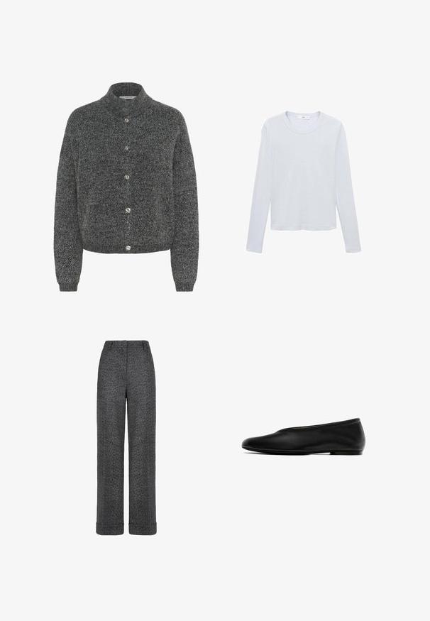 Grauer Strickcardigan mit hohem Kragen, Knopfverschluss und gerippten Manschetten. Verfügt über einen strukturierten Stoff mit einem subtilen Muster im gesamten Design.; Weißes langärmeliges Baumwoll-T-Shirt mit Rundhalsausschnitt, geradem Saum und minimalen Nähten, flach auf weißem Hintergrund liegend.; Graue Wollhose mit Fischgratmuster, geraden Beinen, aufgeschlagenen Säumen und einem Bund mit Gürtelschlaufen.; Schwarzer flacher Schuh mit glattem Leder außen, abgerundeter Zehenpartie, niedrigem Profil, minimaler Verzierung und flexiblem Sohlenmaterial.