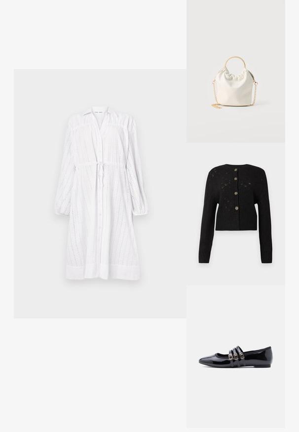Cárdigan negro cropped con un patrón de punto texturizado, que presenta un dobladillo de canalé y cinco botones redondos marrones en la parte delantera.; Vestido blanco de manga larga con botones en la parte delantera, cintura con lazo, diseño de ojales y mangas fruncidas. Textura suave con un corte relajado.; Zapatos planos de charol negro con punta afilada, que cuentan con tres correas decorativas con hebillas metálicas. Acabado suave y tacón bajo.; Bolso pequeño blanco tejido con asa redonda dorada y correa de cadena dorada, exhibido sobre un fondo neutro.