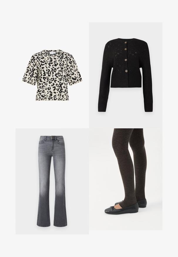 Cardigan noir court avec un motif tricoté texturé, doté d'un ourlet côtelé et de cinq boutons ronds marron sur le devant.; Haut en tricot à manches courtes avec motif léopard noir et blanc et col rond.; Jean flare taille haute en denim gris foncé, avec poches frontales, fermeture à bouton et légère décoloration vers l'ourlet.; Jambes portant des leggings côtelés foncés associés à des ballerines noires avec de petits détails en nœud sur fond blanc.