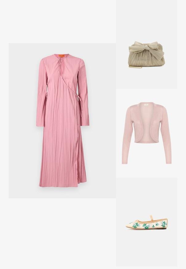 Cardigan rose, léger, avec des manches longues, à l'avant ouvert et une texture scintillante. Sans fermetures ; il présente un design lisse et fluide.; Robe rose à manches longues, avec un design texturé et plissé, un col en v, et des liens ajustables à la taille pour un style enveloppant.; Ballerine beige à bout pointu, avec une bride unique et une broderie florale verte et bleu clair sur les côtés en tulle transparent.; Loeffler Randall PLEATED FRAME WITH BOW - Pochette - platinum