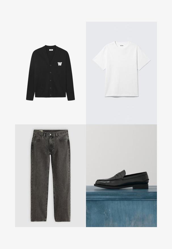 WOOD WOOD WWTAY CARDIGAN 25081 - Gilet - black; T-shirt blanc à manches courtes et col rond, étalé à plat, design uni, avec l'étiquette "WEEKDAY" à l'intérieur du col sur un fond clair.; Jean droit noir délavé avec cinq poches, fermeture à bouton et passants de ceinture, posé à plat sur un fond blanc.; Mocassins noirs en cuir avec un design élégant, comportant un bout cousu et une finition lisse. La chaussure possède un talon bas et un minimum de détails.