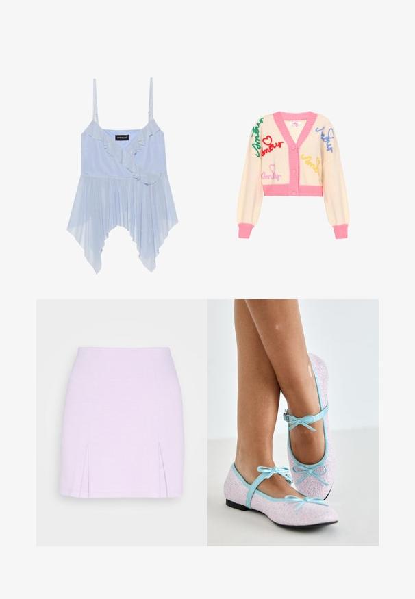 Crème cardigan met roze bies, met kleurrijke geborduurde tekst en harten. Met knoopsluiting, cropped ontwerp en ballonmouwen.; Even&Odd by Zalando Top - sky blue; Even&Odd by Zalando Minirok - lilac; Ballet flats met een roze glitters exterior, blauwe leren randen en accenten, voorzien van strikken op verstelbare bandjes en een kleine zwarte hak.