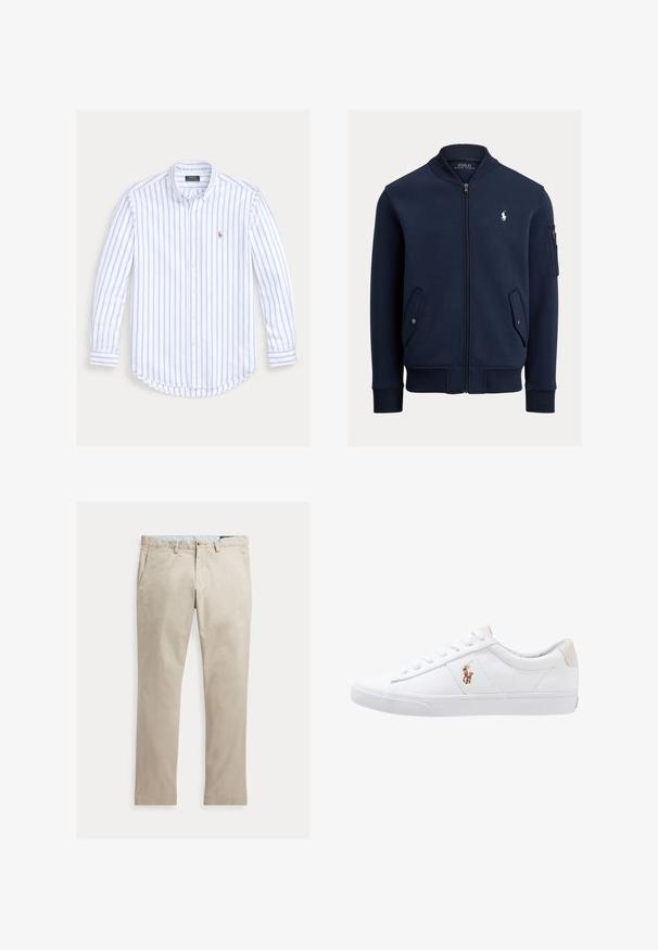 Tmavomodrá bomber bunda na zips s rebrovaným golierom, manžetami a lemom, vreckami s klopou a gombíkmi, na rukáve vrecko na zips a bielym logom Polo Ralph Lauren na hrudi.; Košeľa s dlhým rukávom na gombíky, s bledomodrými zvislými pruhmi a malým vyšívaným logom na ľavej strane hrude.; Béžové rovné bavlnené nohavice s prednými vreckami, pútkami na opasok, zapínaním na gombík a zipsom, zobrazené položené na bielom pozadí.; Biele plátenné tenisky s nízkym strihom, ktoré majú béžový opasok na päte a malé vyšívané logo na boku. Gumová podrážka.