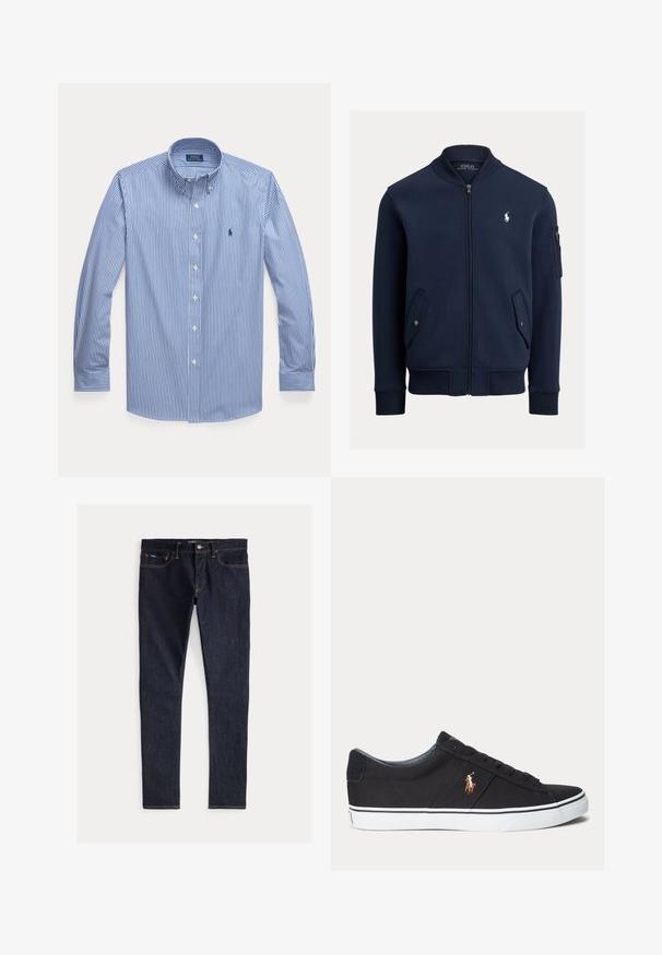 Tumesinine lukuga bomber-tüüpi jakk soonikkoelise krae, varrukate ja alumise äärega, klapiga taskud nuppudega, varruka luku tasku ja valge Polo Ralph Laureni logoga rinnal.; Pikkade varrukatega sinine ja valge vertikaalsete triipudega nööbitav särk, kraega ja väike tikitud logo vasakul rinnal.; Tumedatest sinises denimi kitsad püksid, millel on viis taskut, kollane õmblus ja nööbiga sulgur vööl. Sile tekstuur.; Mustad madala säärega tossud valge kummist tallaga ja küljele tikitud pruun hobuse logo.