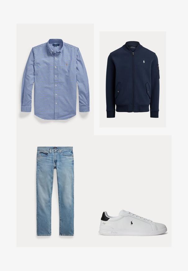 Marineblauwe bomberjack met ritssluiting, geribde kraag, manchetten en zoom, klepzakken met knopen, ritszak op de mouw en wit Polo Ralph Lauren-logo op de borst.; Blauw-wit geruit overhemd met lange mouwen, knopen, kraag en geborduurd logo op de linker borst.; Lichtblauwe recht gesneden spijkerbroek met voorzakken en knoopsluiting, plat gelegd op een witte achtergrond.; Witte lage sneaker met zwarte hieltab, veters en Polo Ralph Lauren-logo aan de zijkant, met gegraveerde zooldetails.