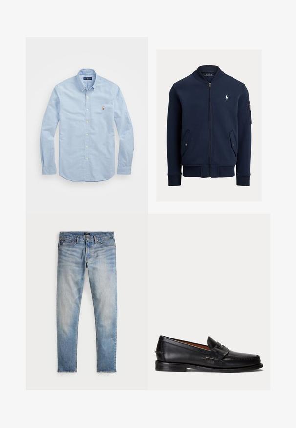 Tmavomodrá bomber bunda na zips s rebrovaným golierom, manžetami a lemom, vreckami s klopou a gombíkmi, na rukáve vrecko na zips a bielym logom Polo Ralph Lauren na hrudi.; Svetlomodrá košeľa s dlhým rukávom na gombíky vyrobená z bavlny, s klasickým golierom a malým červeným vyšitým logom na hrudi.; Svetlomodré denimové nohavice s bledým povrchom, dizajnom na päť vreciek a kontrastným prešívaním. Obsahujú zips a pútka na opasok. Rovný strih.; Čierny kožený mokasín s nízkym podpätkom a detailom s penny remienkom, zobrazený z boku na svetlosivom pozadí.