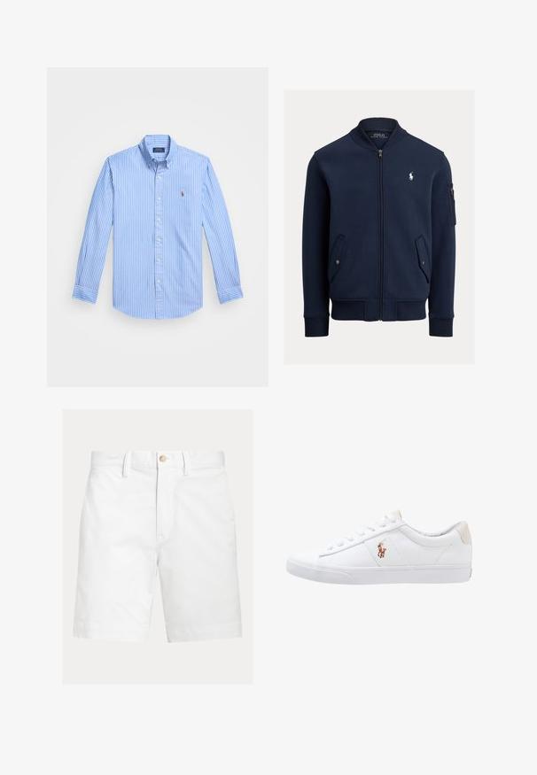 Tmavomodrá bomber bunda na zips s rebrovaným golierom, manžetami a lemom, vreckami s klopou a gombíkmi, na rukáve vrecko na zips a bielym logom Polo Ralph Lauren na hrudi.; Modrá a biela pruhovaná košeľa s dlhými rukávmi a gombíkmi s ostrým golierom a logom na hrudi. Bavlnená tkanina s hladkou textúrou.; Biele šortky po kolená s pútkami na opasok a hnedým gombíkom na zapínanie v páse, zobrazené na jednoduchom pozadí.; Biele plátenné tenisky s nízkym strihom, ktoré majú béžový opasok na päte a malé vyšívané logo na boku. Gumová podrážka.