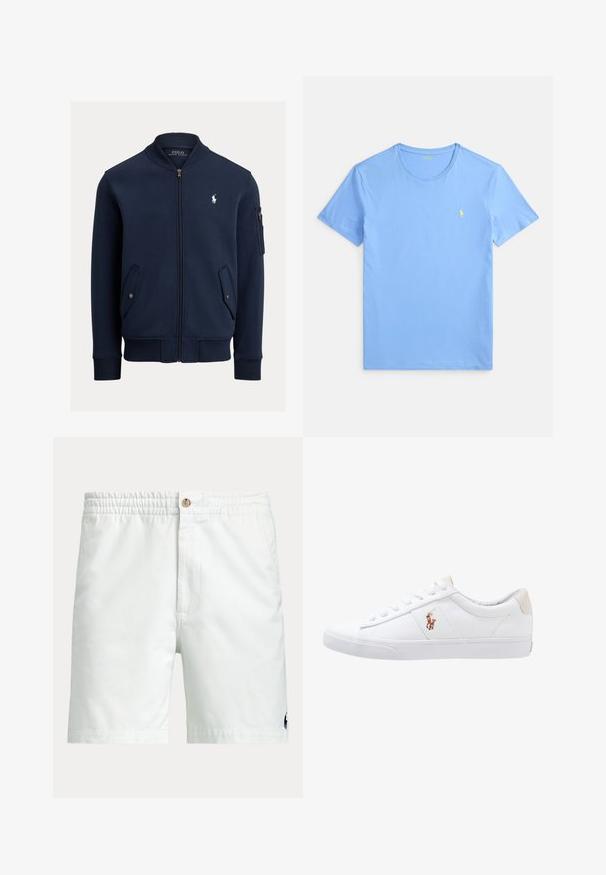 Tmavomodrá bomber bunda na zips s rebrovaným golierom, manžetami a lemom, vreckami s klopou a gombíkmi, na rukáve vrecko na zips a bielym logom Polo Ralph Lauren na hrudi.; Svetlomodré tričko s okrúhlym výstrihom z bavlnenej látky, s krátkymi rukávmi a malým žltým vyšitým logom na ľavej strane hrudníka.; Biele pánske šortky s elastickým pásom, zapínaním na gombík, bočnými vreckami a malým tmavým logom blízko spodného lemu na jednej nohe.; Biele plátenné tenisky s nízkym strihom, ktoré majú béžový opasok na päte a malé vyšívané logo na boku. Gumová podrážka.