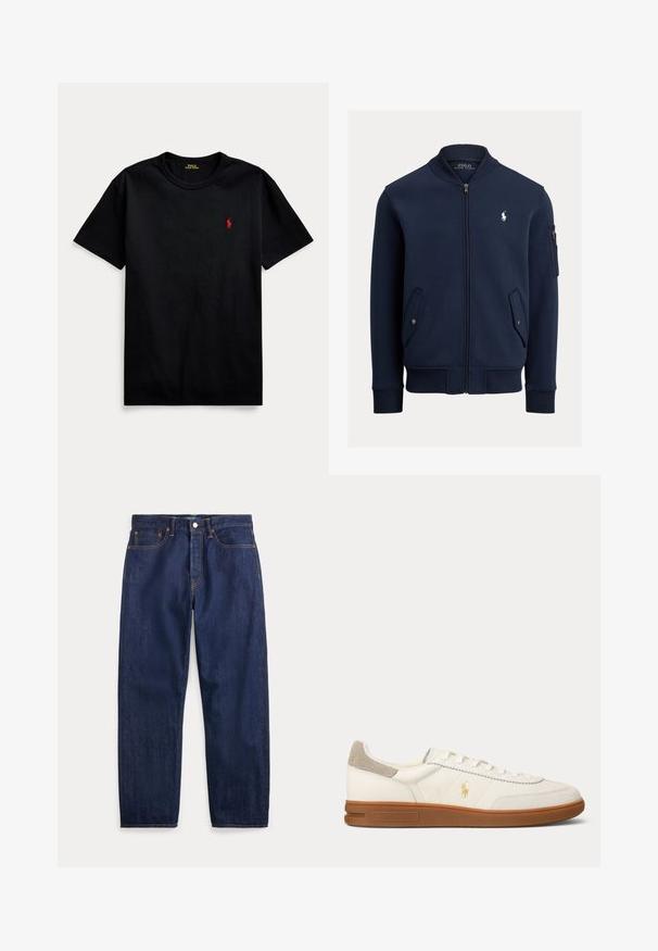 Marineblaue Bomberjacke mit Reißverschluss, geripptem Kragen, Bündchen und Saum, Pattentaschen mit Knöpfen, Reißverschlusstasche am Ärmel und weißem Polo Ralph Lauren-Logo auf der Brust.; Schwarzes Baumwoll-T-Shirt mit kurzen Ärmeln, Rundhalsausschnitt und kleinem roten gestickten Logo auf der linken Brust. Glatte Textur, lässiges Design.; Dunkelblaue Jeans aus Denim mit geraden Beinen, fünf Taschen, Knopfverschluss und sichtbaren Nähten.; Weißer Leder-Low-Top-Sneaker mit brauner Gummisohle, beigem Wildleder-Absatzfleck und kleinem goldenen Polo-Logo an der Seite.
