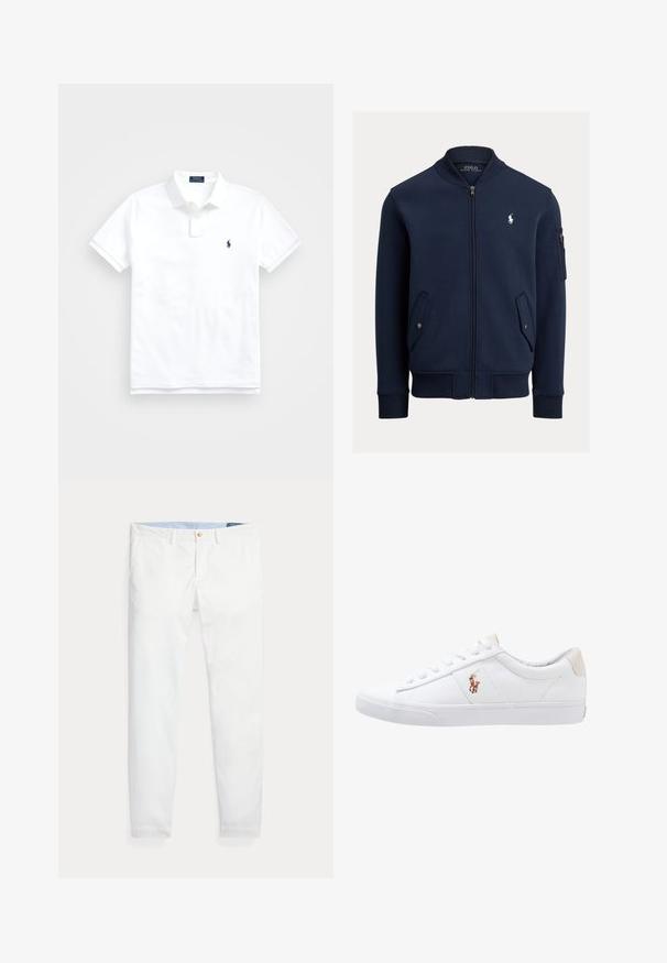 Marineblaue Bomberjacke mit Reißverschluss, geripptem Kragen, Bündchen und Saum, Pattentaschen mit Knöpfen, Reißverschlusstasche am Ärmel und weißem Polo Ralph Lauren-Logo auf der Brust.; Weißes Poloshirt mit kurzen Ärmeln, Kragen, zwei Knöpfen und kleinem dunkelblau besticktem Logo auf der linken Brust.; Weiße Baumwoll-Chinos mit schmaler Passform, ausgestattet mit einem einzigen goldfarbenen Knopfverschluss und einem hellblauen inneren Bund. Glatte Textur ohne Muster.; Weiße Leinensneaker im Low-Top-Design mit einem beigen Ferseneinsatz und einem kleinen gestickten Logo an der Seite. Gummisohle.