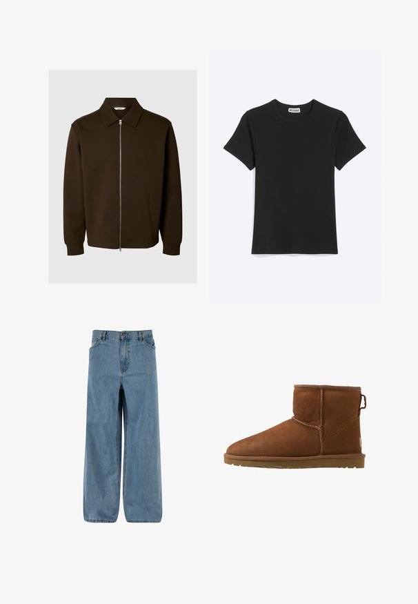 Veste marron foncé à manches longues avec col et fermeture éclair argentée à l'avant, présentée sur un fond clair uni.; T-shirt noir uni à manches courtes et col rond avec une étiquette de la marque Weekday à l’intérieur du col, présenté sur fond blanc.; Pantalons en denim à jambes larges en bleu clair. Comprend une fermeture à bouton et à zip, cinq poches et une texture délavée pour un look classique.; Bottines en daim marron avec un bout arrondi, des accents cousus et une semelle en caoutchouc. Présente un tirette à l'arrière pour un enfilage facile.