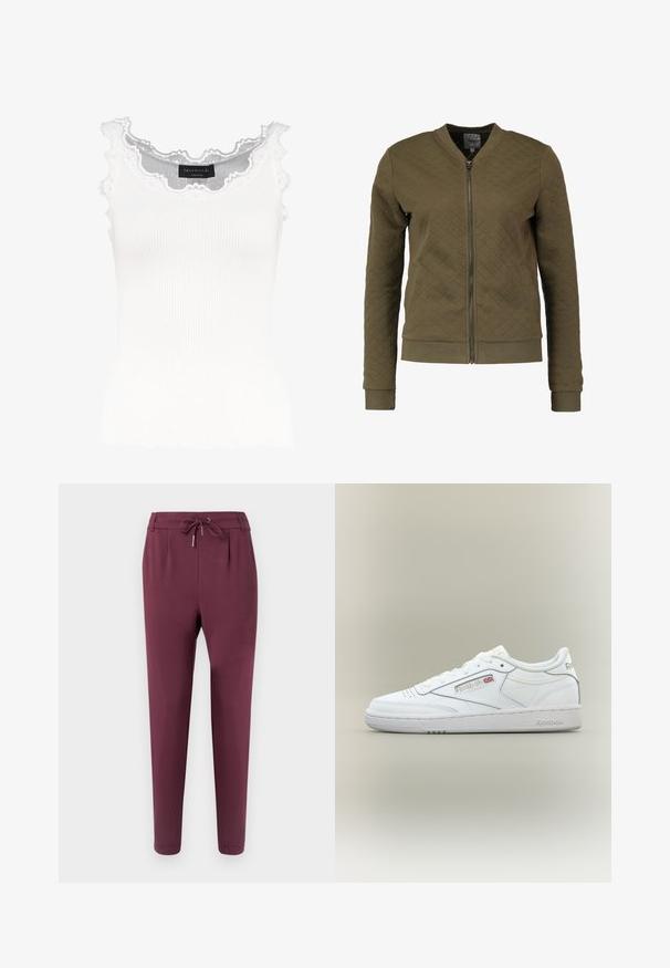 ONLY ONLJOYCE L/S BOMBER SWT NOOS - Sweat zippé - kalamata; Débardeur blanc à côtes avec dentelle au niveau de l'encolure et des manches. Présente une texture douce et une coupe ajustée. Étiquette de la marque visible à l'intérieur.; Pantalon de jogging bordeaux en tissu doux, avec une taille élastique dotée d'un cordon de serrage et des chevilles resserrées pour une coupe ajustée.; Baskets basses blanches Reebok avec détails de couture, perforations près des orteils et logo Reebok avec un petit Union Jack sur le côté.