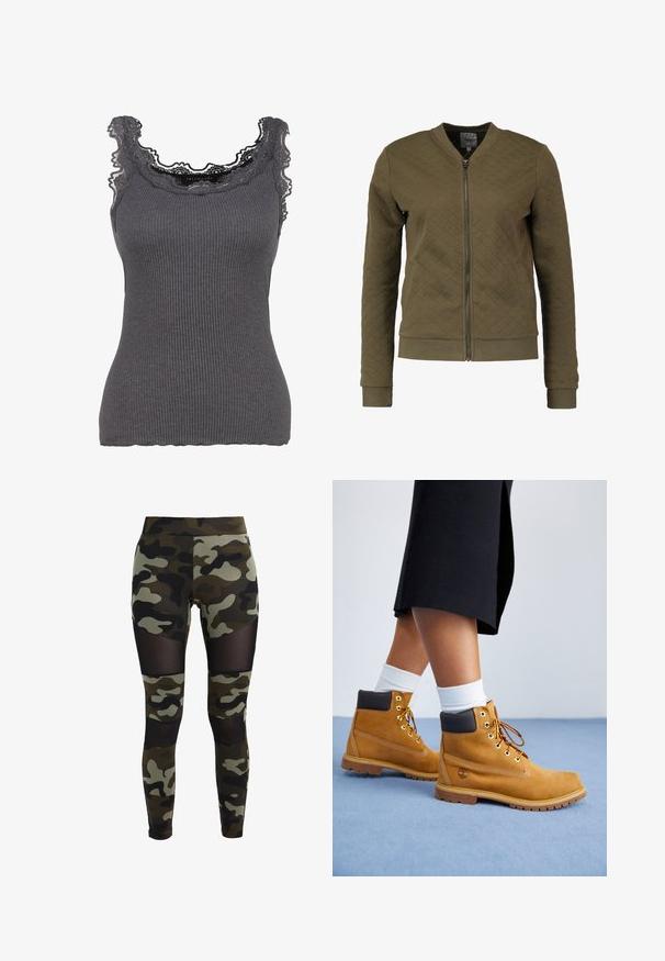 ONLY ONLJOYCE L/S BOMBER SWT NOOS - Sweater met rits - kalamata; Grijze geribbelde tanktop met kanten rand bij de halslijn. De stof is zacht met een aansluitende pasvorm, heeft een lichte rek en gegolfde randen.; Camouflage leggings met een nauwsluitend ontwerp, voorzien van meshpanelen bij de knieën en heupen. Gemaakt van rekbare stof in groene en zwarte tinten.; Tan suède enkellaarsjes met bruine leren accenten, gouden oogjes en een getextureerde zool. Witte sokken zichtbaar boven de laarsjes.
