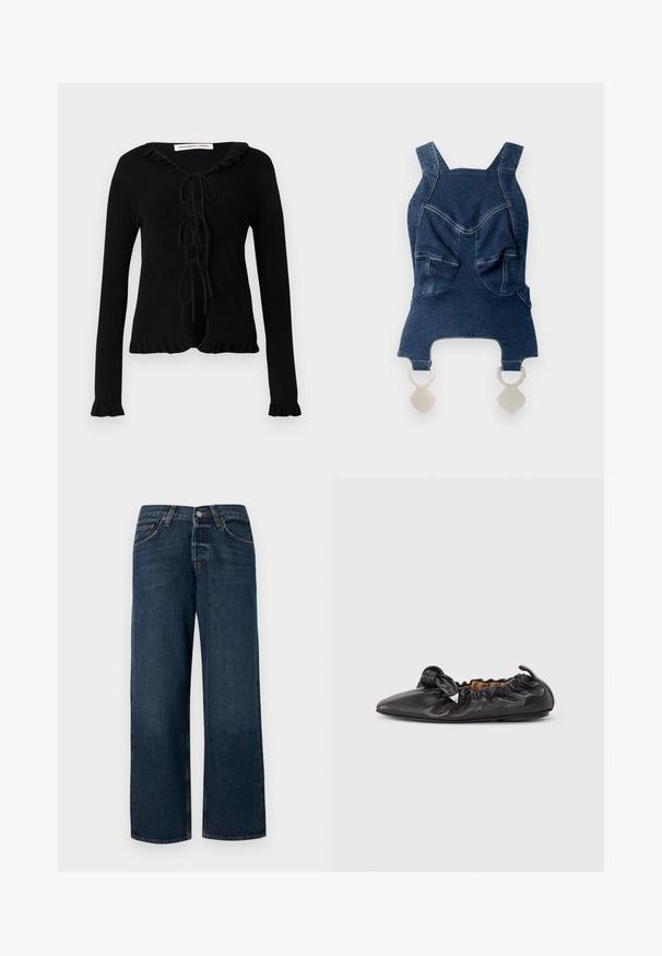 Zwarte geribbelde trui met een V-hals, geplooide bies, voorstrikjes en aangesloten manchetten. Heeft een iets korte zoom met een geplooide rand.; Denim top met brede schouderbanden, twee voorzakken, een gebogen halslijn en zilveren sluitingen aan de onderkant.; Donkerblauwe denim jeans met een rechte snit, vijf zakken en metalen hardware. Heeft een lichte vervaging en een schone zoom.; Zwarte leren balletflat met geplooide details, een spitse neus en een kleine metalen driehoekige versiering aan de zijkant, platte zool.