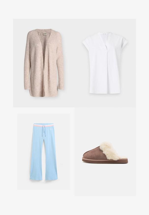Blød beige strikket cardigan med åbent front, lange ærmer og ribstrikkede manchetter, lavet af Mos Mosh.; Hvid kortærmet top med V-halsudskæring, der har forskydninger foran og er lavet af et letvægts, tekstureret stof. Minimalistisk og moderne stil.; Lyseblå, flagrende sweatpants med snor i taljen. Har en pink og hvid stribet accent samt broderet logo. Blød stoftekstur.; Brune ruskinds hjemmesko med en fluffy crème farvet faux fur foring, åben bagside og en flad gummisål, som fremhæver en blød tekstur og hyggeligt udseende.
