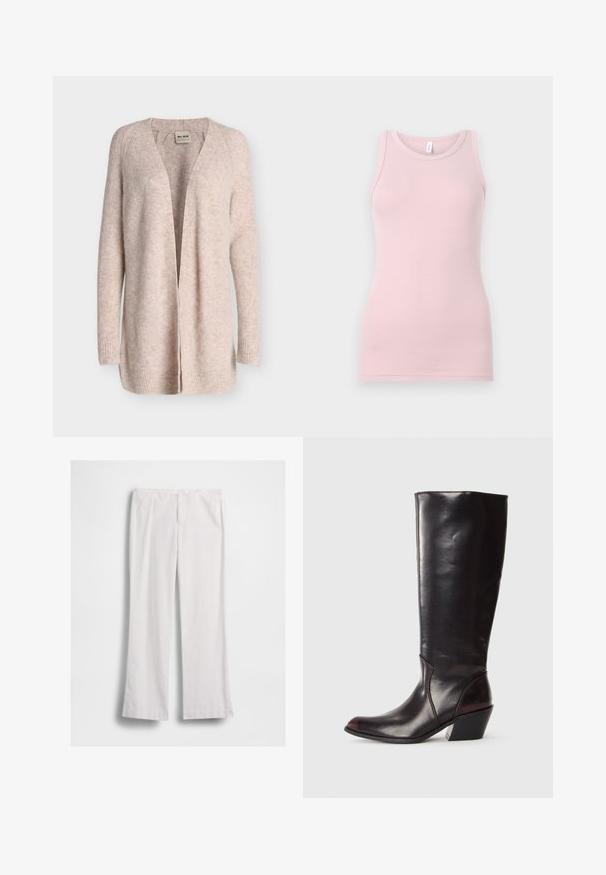 Blød beige strikket cardigan med åbent front, lange ærmer og ribstrikkede manchetter, lavet af Mos Mosh.; Lyserød tanktop lavet af blød og strækbar stof. Har en rund halsudskærm og smalle skulderstropper, med en glat tekstur og tætsiddende pasform.; Hvide bukser med lige ben, foran lynlås og knaplukning, vist fladt på en hvid baggrund.; Knæhøj, mørkebrun læderstøvle med spids tå, vinkelret blokhæl og en glat, blank overflade. Har et enkelt design og syningsdetaljer.