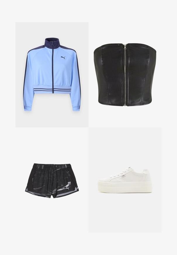 Lichtblauw cropped trainingsjack met marineblauwe kraag, schouderstrepen, taillebandstrepen, ritssluiting aan de voorkant en een Puma-logo op de borst.; Zwarte leren korsettop met een gestructureerde pasvorm. Bevat een centrale zilveren rits en naaddetailing langs het lijfje. Glad materiaal.; Zwarte sportshorts met een grijs abstract patroon, elastische tailleband en zijopeningen voor ventilatie, gemaakt van lichtgewicht stof.; Witte canvas sneakers met een gestructureerde bovenkant, vetersluiting, platformzool en minimale branding aan de zijkant.