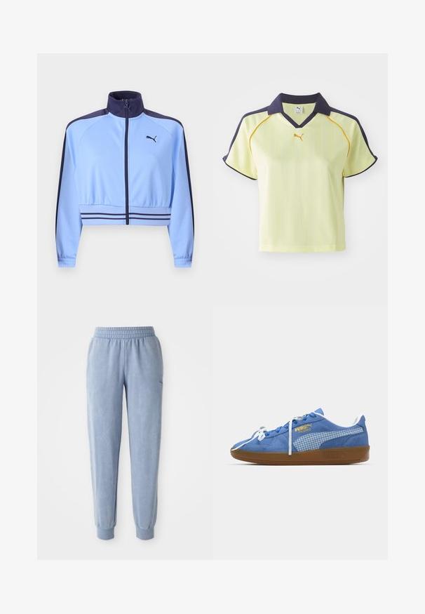 Chaqueta deportiva corta de color azul claro con cuello, rayas en los hombros y en la cintura de color azul marino, cremallera frontal y logotipo de Puma en el pecho.; Camisa polo amarilla con cuello azul marino, rayas verticales y detalles amarillos. Cuenta con mangas cortas y escote en V. Logo de Puma en el pecho.; Pantalones de chándal azules hechos de una tela suave con una cintura y puños elásticos; presentan una sutil textura y un pequeño logo en un lado.; Zapatilla de ante azul con cordones blancos y un panel lateral de cuadros. Presenta una suela de goma marrón y detalles del logotipo en dorado.