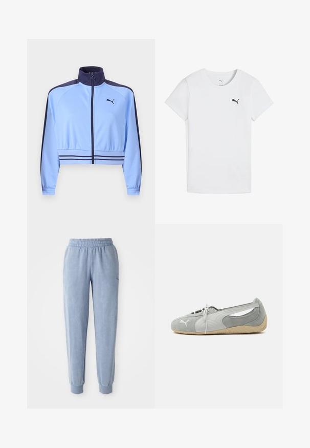 Chaqueta deportiva corta de color azul claro con cuello, rayas en los hombros y en la cintura de color azul marino, cremallera frontal y logotipo de Puma en el pecho.; Camiseta blanca de algodón con cuello redondo, que presenta un pequeño logo negro de Puma en el lado izquierdo del pecho. Manga corta y corte clásico.; Pantalones de chándal azules hechos de una tela suave con una cintura y puños elásticos; presentan una sutil textura y un pequeño logo en un lado.; Zapato plano de ante Puma gris claro con logo blanco, cordones delanteros, laterales recortados y suela beige texturizada, mostrado desde el lado exterior.