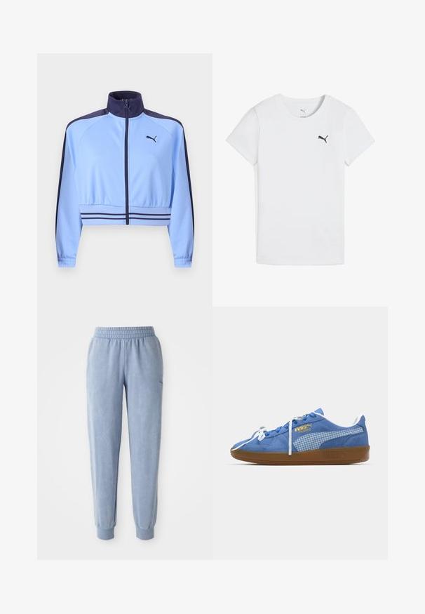 Chaqueta deportiva corta de color azul claro con cuello, rayas en los hombros y en la cintura de color azul marino, cremallera frontal y logotipo de Puma en el pecho.; Camiseta blanca de algodón con cuello redondo, que presenta un pequeño logo negro de Puma en el lado izquierdo del pecho. Manga corta y corte clásico.; Pantalones de chándal azules hechos de una tela suave con una cintura y puños elásticos; presentan una sutil textura y un pequeño logo en un lado.; Zapatilla de ante azul con cordones blancos y un panel lateral de cuadros. Presenta una suela de goma marrón y detalles del logotipo en dorado.