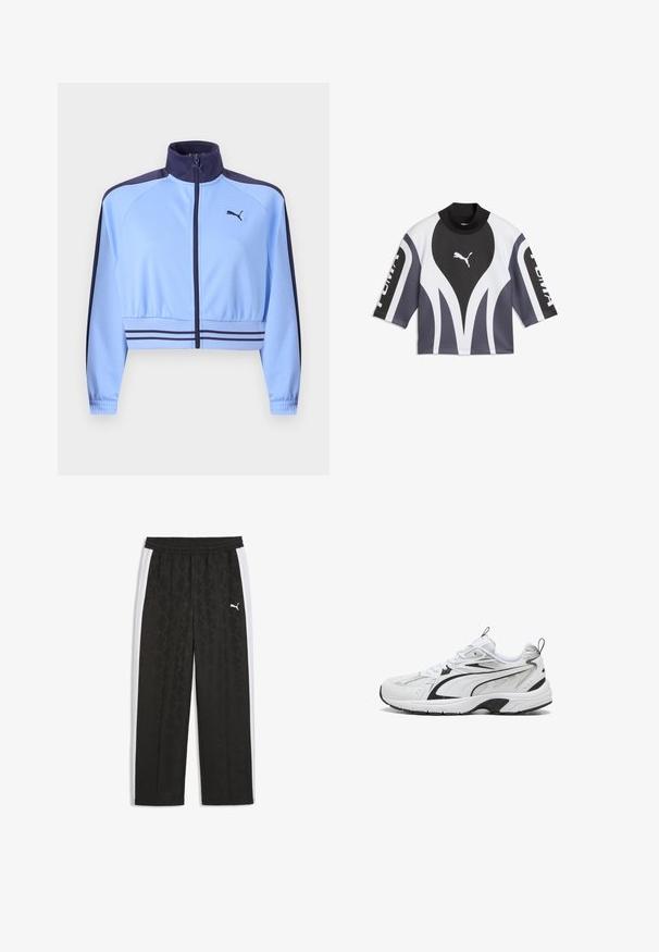 Lichtblauw cropped trainingsjack met marineblauwe kraag, schouderstrepen, taillebandstrepen, ritssluiting aan de voorkant en een Puma-logo op de borst.; Puma top met lange mouwen met zwarte, witte en grijze abstracte patronen en het Puma-logo op de borst en mouwen.; Zwarte Puma trainingsbroek met witte zijstrepen en een elastische tailleband, voorzien van een subtiel patroon en het Puma-logo op de rechterdij.; Witte sportschoen met zwarte accenten, veterontwerp, mesh en synthetische bovenkant, en dikke rubberen zool met trekkertjes op tong en hiel.