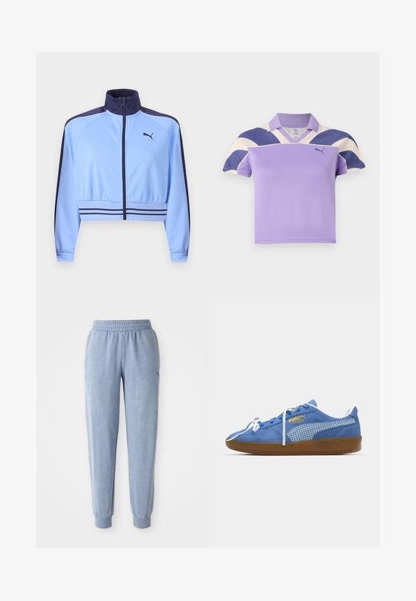 Hellblaues, kurz geschnittenes Trainingsjacke mit marineblauem Kragen, Schulterstreifen, Bündchenstreifen, Reißverschluss vorne und Puma-Logo auf der Brust.; Lila Poloshirt mit Kragen, ausgestattet mit großen Creme- und Marineblauen Streifen auf den Schultern. Weicher, strukturiertes Material, lässiges Design.; Blaue Jogginghose aus weichem Stoff mit elastischem Bund und Bündchen; verfügt über eine dezente Textur und ein kleines Logo auf einer Seite.; Blaue Wildleder-Sneaker mit weißen Schnürsenkeln und einem karierter Seitenpaneel. Verfügt über eine braune Gummisohle und goldene Logodetails.